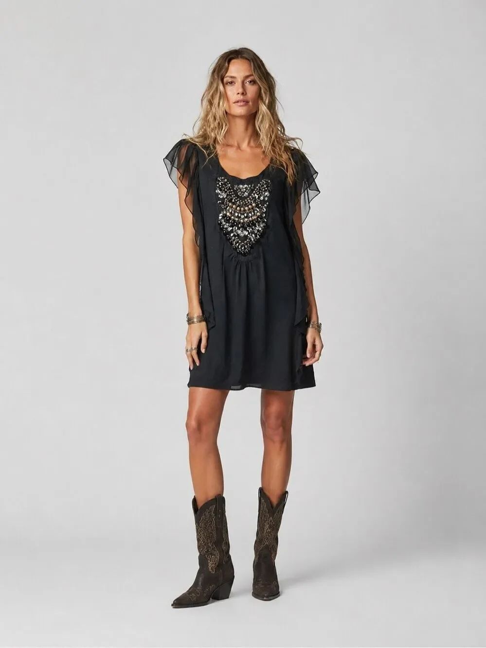 Vintage Custo Barcelona Black Beaded Embellished Mini Shift Dress Sheer Flutter